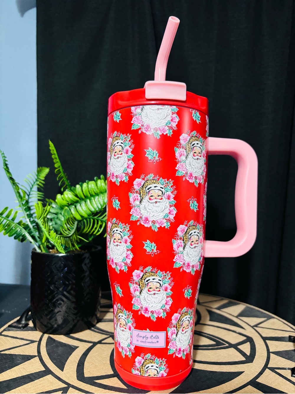 40oz Simply Belle Red Travel Tumbler with Pink Handle and Straw